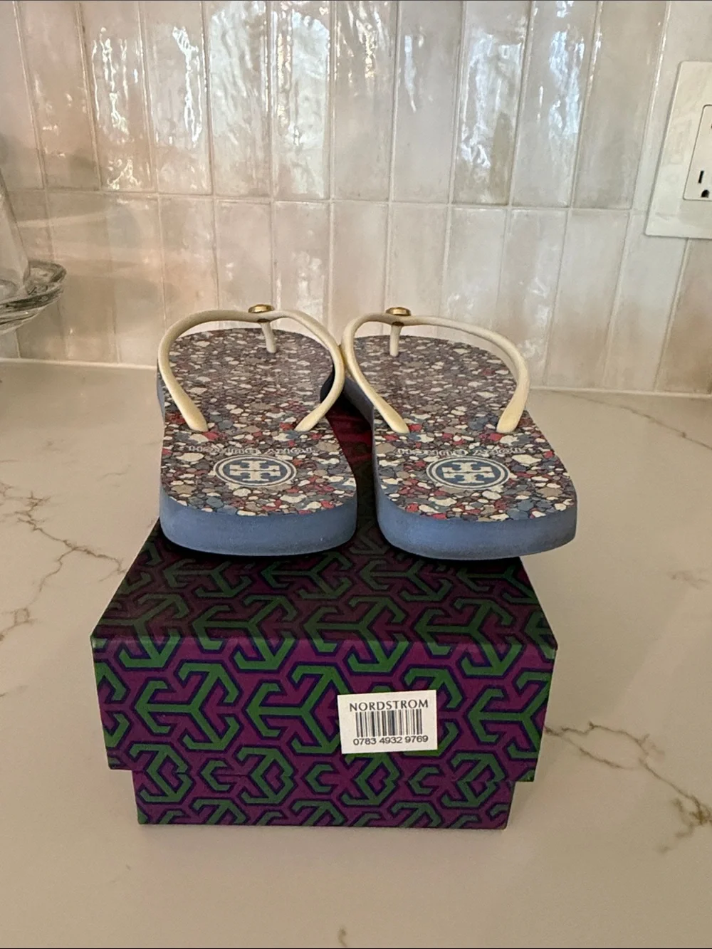 Tory Burch Multicolor Confetti Logo Flip Flops with Cream Straps Size 7